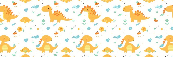Obraz premium Cute dinosaur baby shower greeting card seamless pattern for kids bedding fabric and wallpaper design, fabric, print