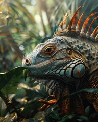Fototapeta premium iguana on sunlit tree branch with natural forest view ai generated