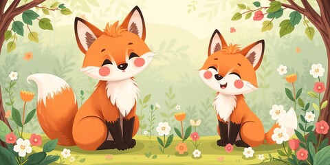 Fototapeta premium Cute fox vector illustration in different poses surrounded by leaves and flowers, graphic, blooming