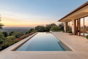 Fototapeta premium Luxurious Beverly Hills mansion features stunning infinity pool with breathtaking city views and elegant gardens at sunset