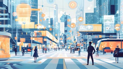 A futuristic city where workers struggle to adapt to rapidly changing technology, surrounded by automation and AI, illustrating the concept of structural unemployment due to technological disruptions 