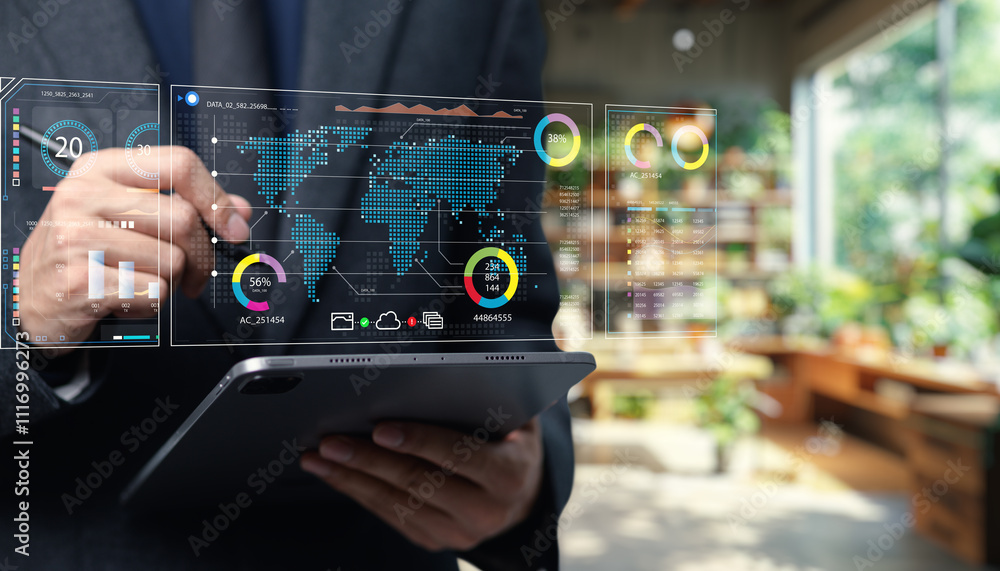 Poster business professional interacting with futuristic data visualization on digital tablet device