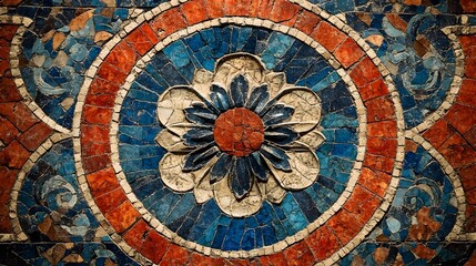 Obraz premium Intricate circular mosaic tile artwork featuring a central floral design in shades of blue, red, and white.