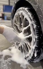 The wheel and tire being washed with soap by a person wearing white gloves is washing it