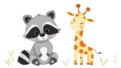 Fototapeta premium Cute posters featuring bunny, giraffe, raccoon vector prints for baby room, baby shower, greeting card, kids and baby t-shirts, hand-drawn nursery decor, raccoon, nursery