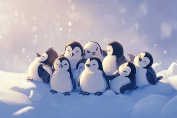 A group of adorable penguin chicks huddling together in a snowy landscape.
