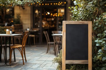 Blank black chalkboard menu sign placed outside a cozy coffee shop amidst natural greenery and wooden furniture