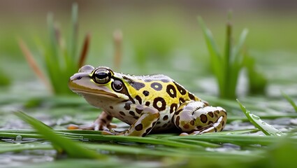 Fototapeta premium Northern leopard frog on green wet grass field