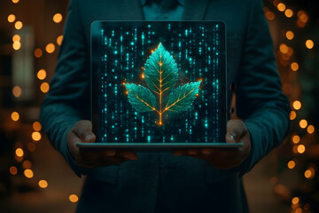 Man holding tablet displaying glowing leaf digital data.