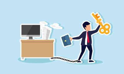 A businessman holds a key with legs chained to a desk, illustration of limited freedom with company rules in providing business solutions