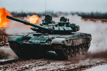 Military tank driving on muddy terrain, explosions in background.