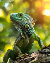 Obraz premium iguana on sunlit tree branch with natural forest view ai generated