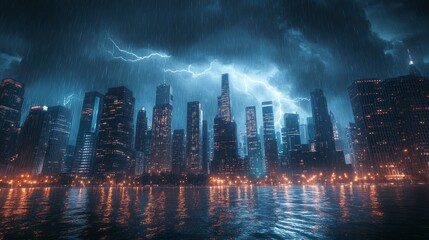 Obraz premium Dark clouds loom over towering skyscrapers as relentless rain pours down. Bright flashes of lightning illuminate the dramatic cityscape, reflecting off the water below