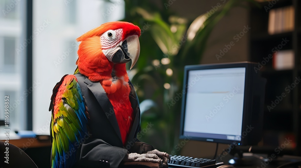 Poster a parrot in a suit, perched on a desk with an empty computer screen and space for text in the backgr