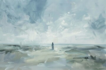Naklejka premium Ocean waves, beach oil painting, figure on water