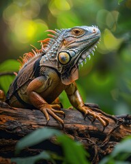 Fototapeta premium iguana on sunlit tree branch with natural forest view ai generated