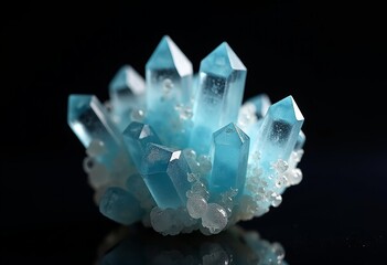 Fototapeta premium Professional Mineral Photography: Ice-like Crystals of Light Blue Quartz with Sharp Details on a Dark Background 