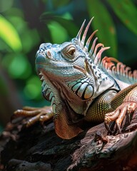 Fototapeta premium iguana on sunlit tree branch with natural forest view ai generated