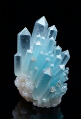 Crystal Clusters on Black: Stunning Light Blue Quartz Formation with Geometric Points and Translucent Minerals
