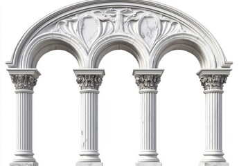 Ornate white marble arch with three columns and intricate carvings.