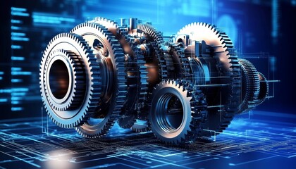 Industrial Machinery Gears Cogs Blueprint Digital Engineering Technology Concept