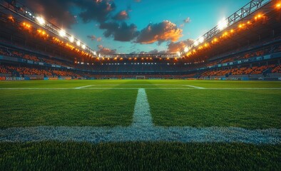 football stadium night scene illuminated pitch empty grandstand dramatic shadows realistic textures