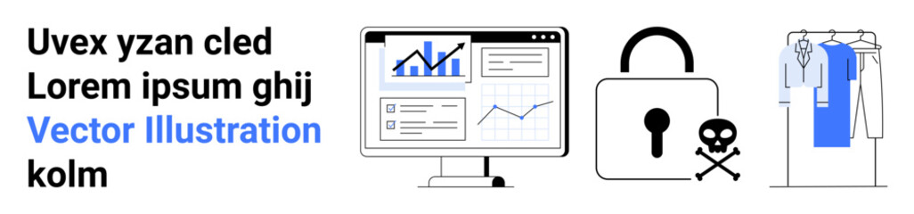 Computer screen displaying data analytics, large padlock with skull and crossbones symbol, and clothing rack. Ideal for technology, data security, fashion, productivity, online threats, modern