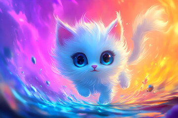Cute Fluffy Kitten in Vibrant Abstract Background Illustration