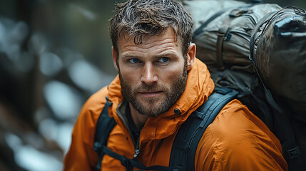 Obraz premium A rugged man with short brown hair and a beard, wearing an orange jacket over black hiking pants, carries large backpacks through the wilderness