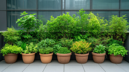 A row of lush, green potted plants arranged against a modern glass wall, creating a vibrant urban garden oasis.