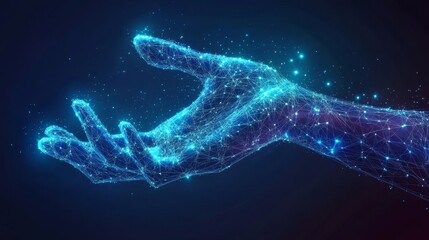 futuristic mesh hand construct, ascending data blocks, interconnected geometric nodes, glowing blue network lines, technological particle system, digital constellation effect, premium low poly artwork