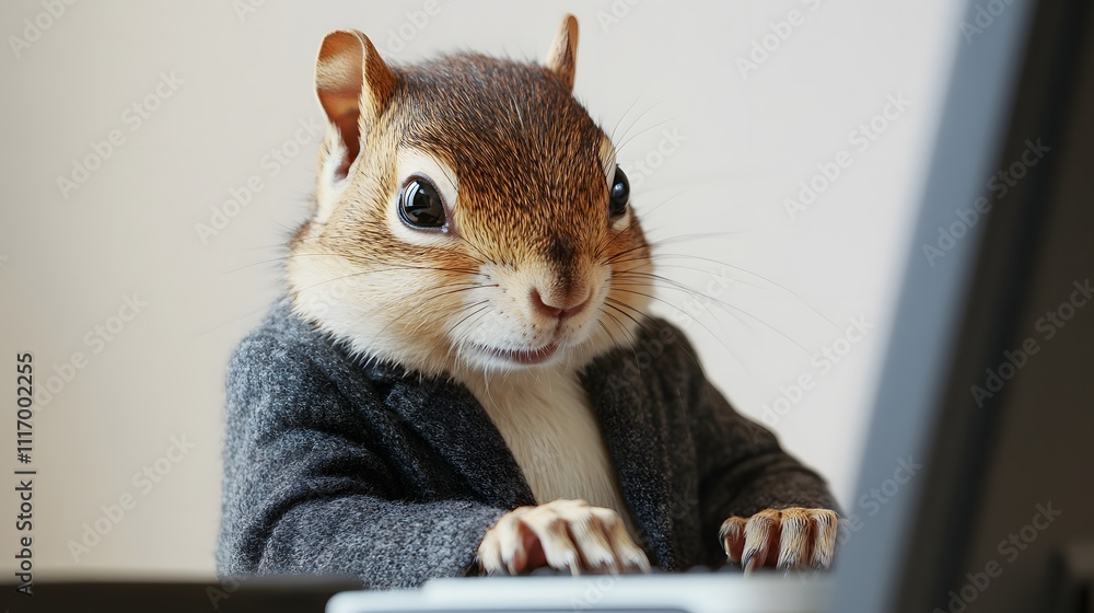 Poster a chipmunk wearing a blazer, sitting in front of a computer, with plenty of empty space for text