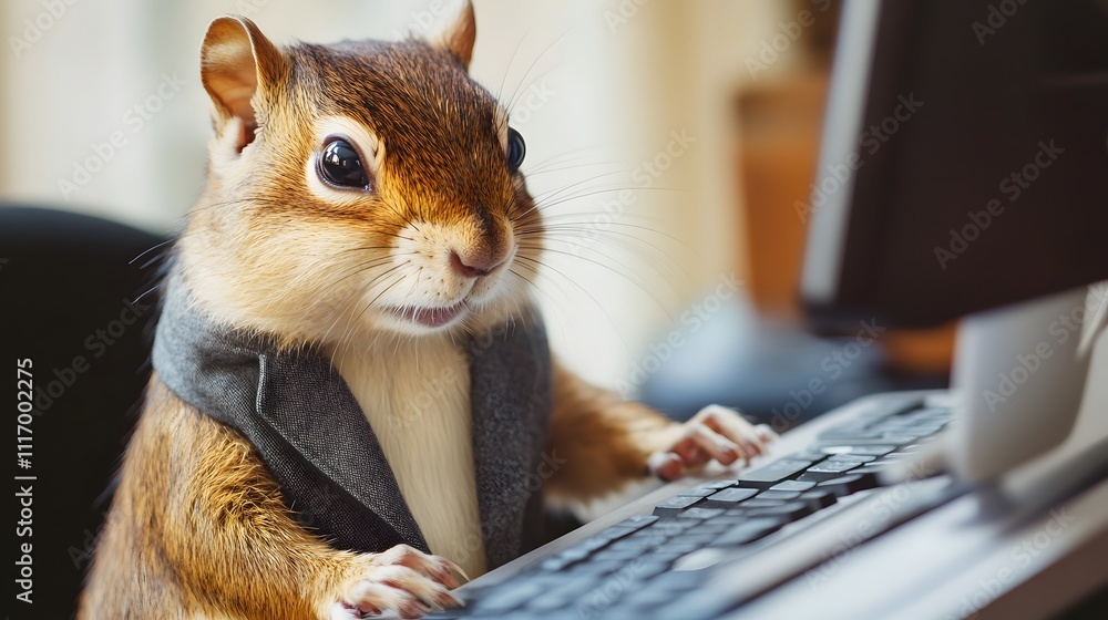 Poster a chipmunk wearing a blazer, sitting in front of a computer, with plenty of empty space for text