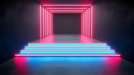 Neon-lit steps leading to a glowing corridor.