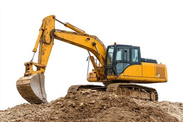 Yellow excavator with raised arm and shovel on a pile of dirt against a white background.