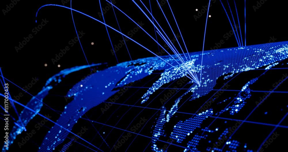 Poster digital earth globe cyberspace with data flowing neon light stripe. global network communication tec