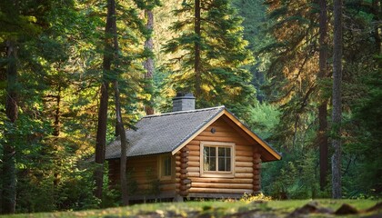 숲속의 작은 오두막 나무 사이에 숨겨진 듯 자리 잡은 오두막과 그 주변의 울창한 초록 나무들