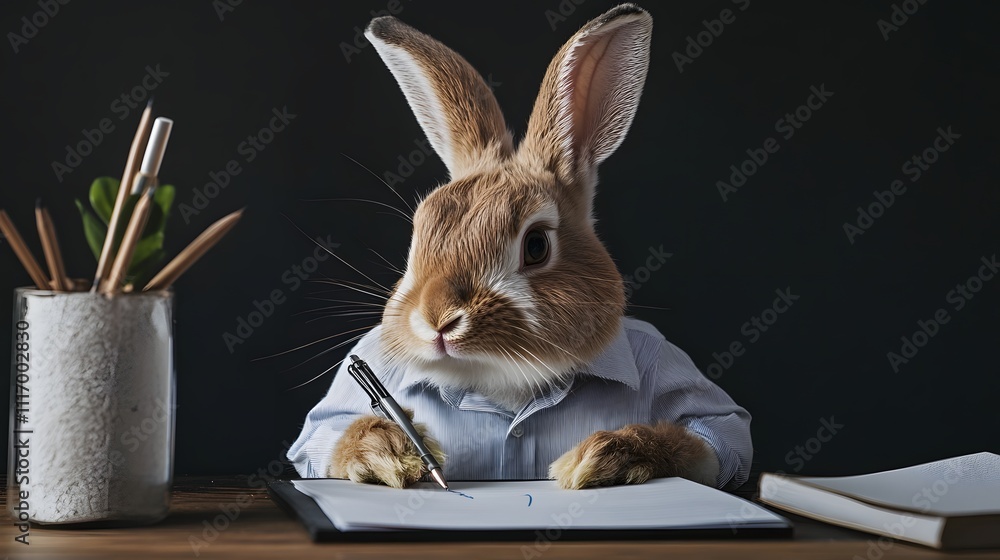 Poster a rabbit in a formal shirt, writing on a notepad at a desk with a blank space for text