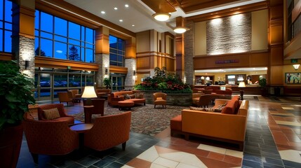 Luxurious hotel lobby interior with comfortable seating, large windows, and elegant decor.