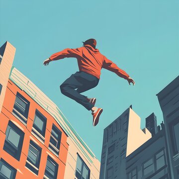 Urban parkour athlete leaps across city buildings vibrant urban environment dynamic viewpoint