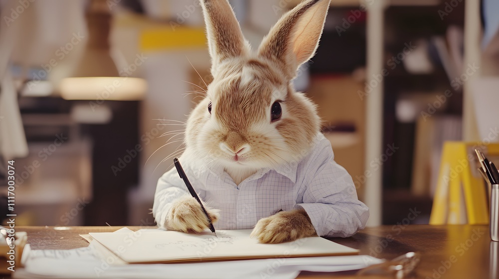 Poster a rabbit in a formal shirt, writing on a notepad at a desk with a blank space for text