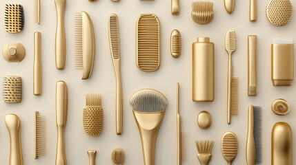 A collection of gold-colored grooming tools, including brushes, combs, and toothbrushes, arranged neatly against a light background for a stylish presentation.