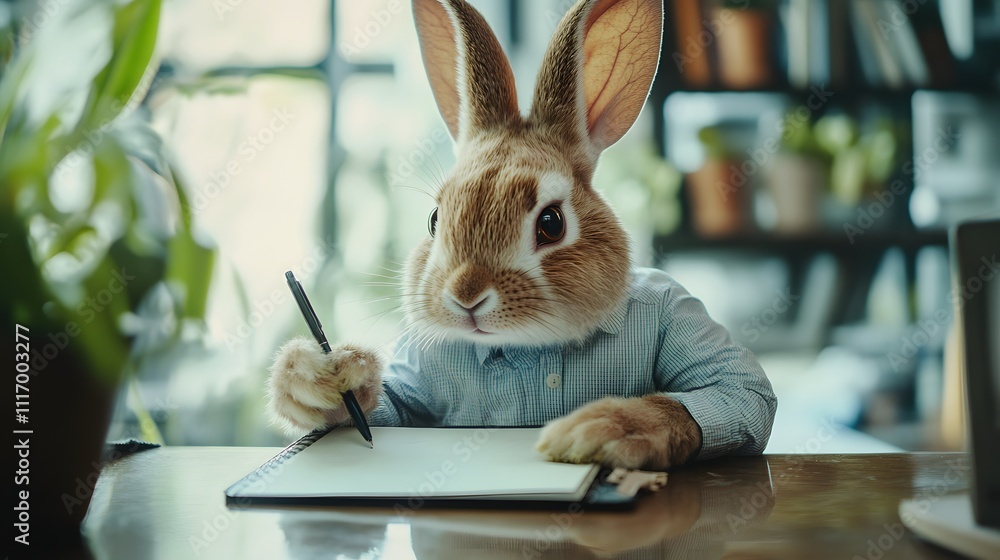 Aufkleber a rabbit in a formal shirt, writing on a notepad at a desk with a blank space for text