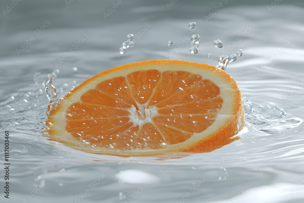Poster orange slice splashing in water.