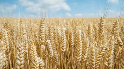 Fototapeta premium A close-up view of golden wheat fields under a blue sky.