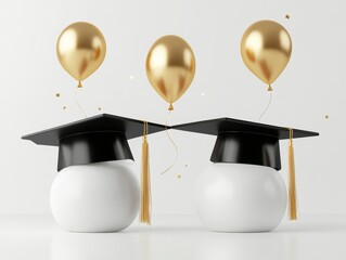 Black and white graduation caps with golden balloons flying - ai