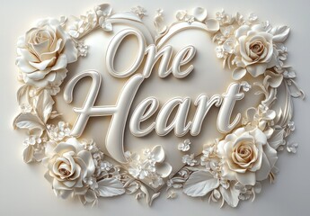 "One Heart" in smooth, 3D letters with cream-colored roses and petals, set on a bright white backdrop with soft, realistic shadows,