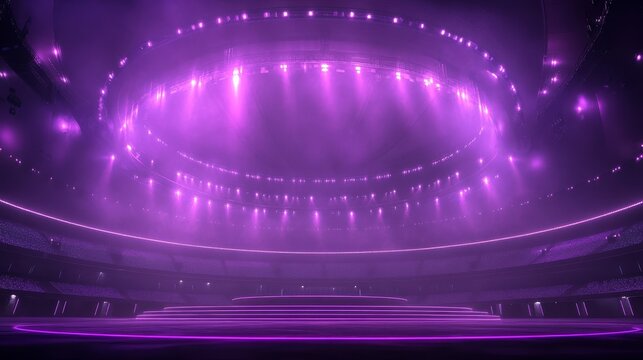 multi-level round podium, futuristic neon trim lights, grand arena setting, curved ceiling structure, ambient stadium lighting, atmospheric haze, theatrical spotlights array, gradient purple