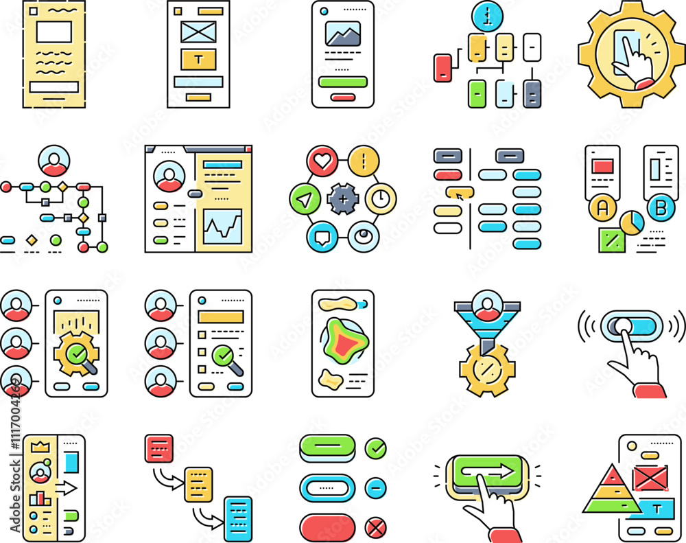 Aufkleber ui ux design agency user develop icons set vector. phone button, marketing website, web app, mobile 