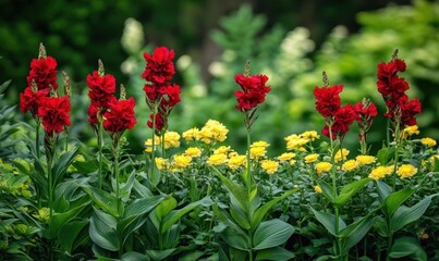 Vibrant flowers in a garden, showcasing red and yellow blooms.